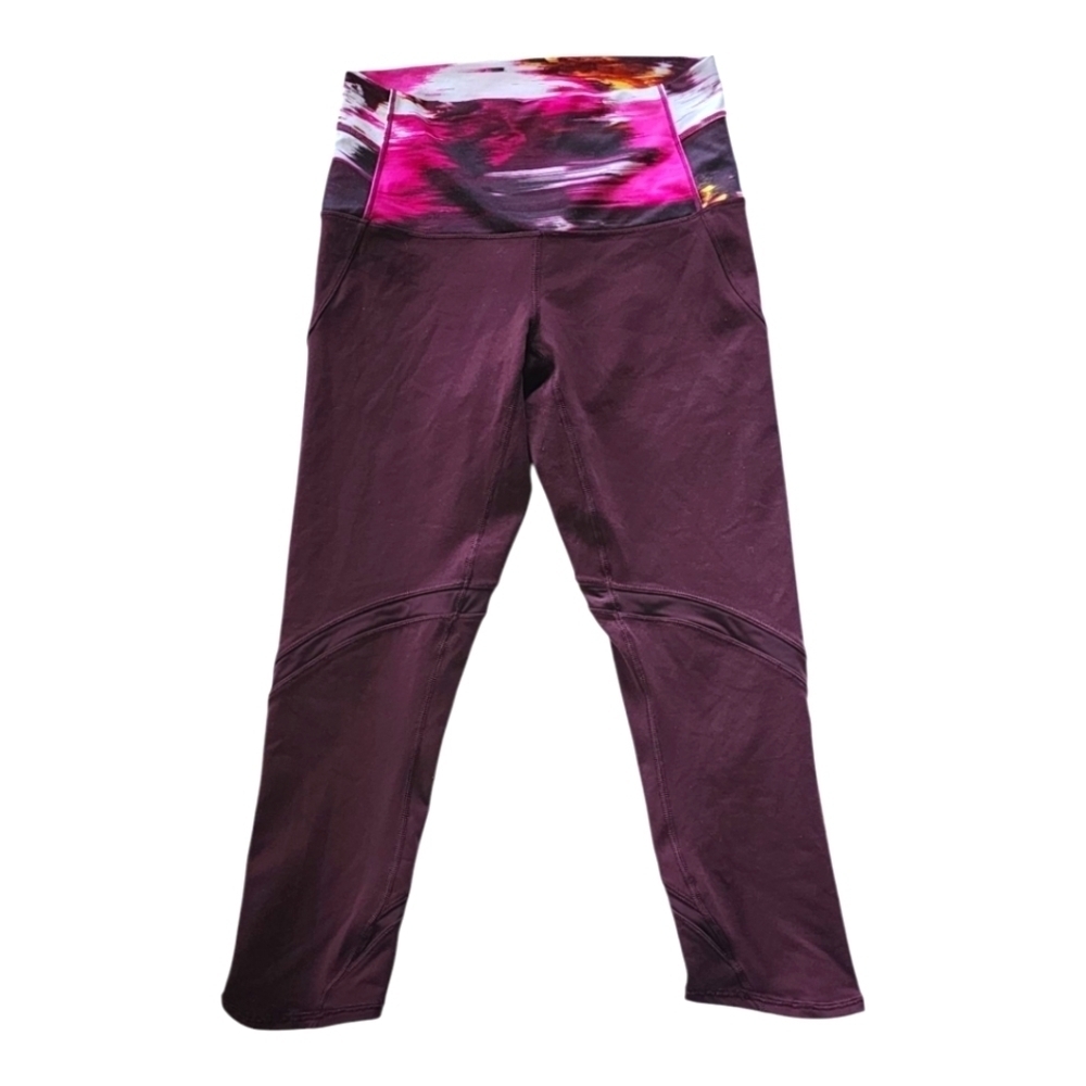 Lululemon Size 6 Red Grape Burgundy Crop Leggings Printed Waistband